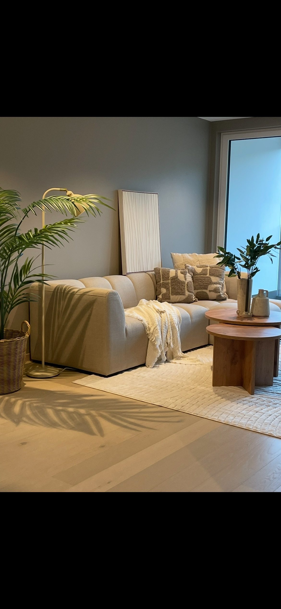 Fullstylet stue med moderne sofa, planter og naturlig lys