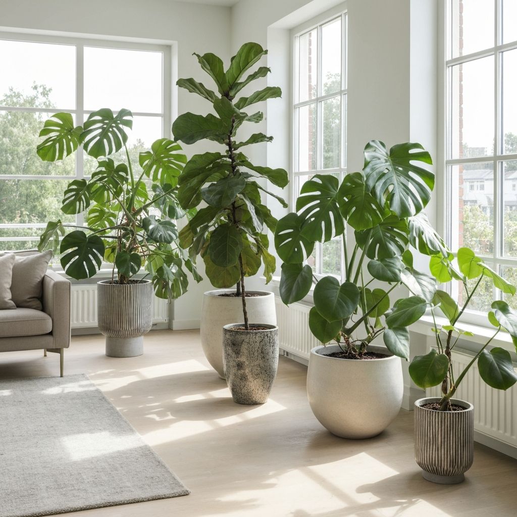 Store grønne planter i dekorative krukker som gir liv og friskhet til rommet