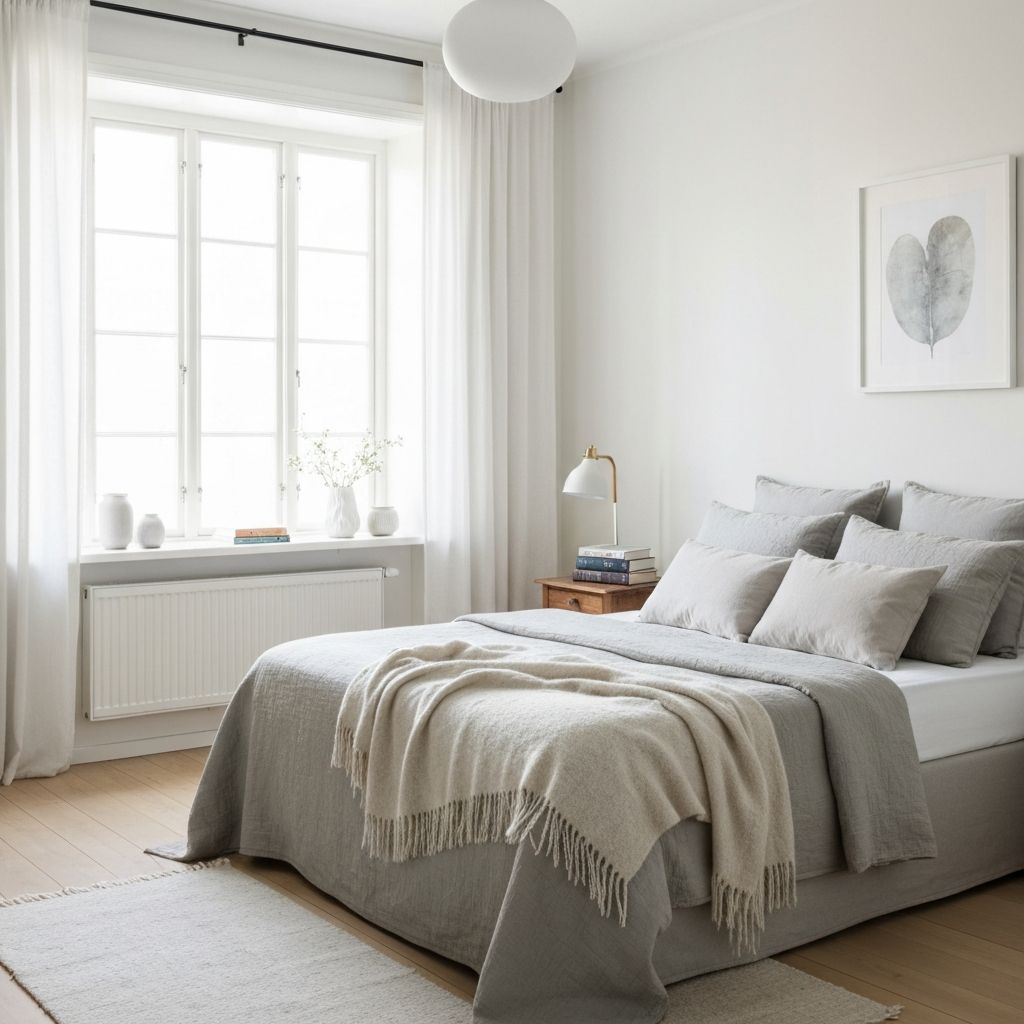 Innbydende soverom med leselampe, bøker og elegant sengetøy som skaper ro og hvile