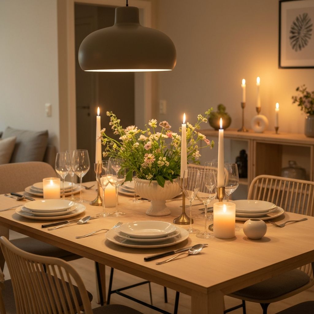 Vakkert dekket spisebord med stearinlys og blomster som inviterer til hyggelige måltider