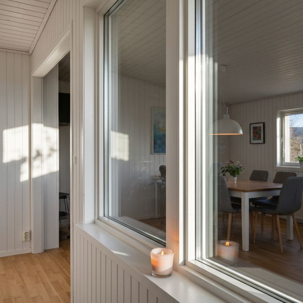 Skinnende rent vindu med naturlig lys som strømmer inn i et luftet og ferskt rom